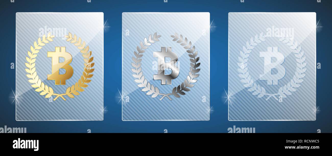 Vetro trophy awards con bitcoin. Illustrazione Vettoriale. Tre varianti: oro, argento e un semplice vetro lucido. Bitcoin è il vincitore Illustrazione Vettoriale