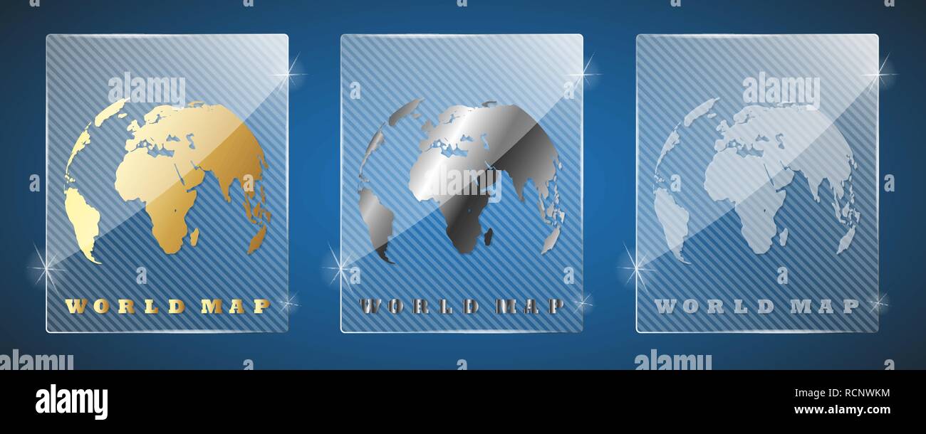 Vetro trophy awards con mappa del mondo. Illustrazione Vettoriale. Tre varianti: oro, argento e un semplice vetro lucido Illustrazione Vettoriale