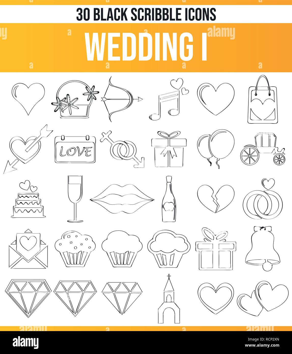 Pittogrammi neri / icone sul matrimonio. Questa icona set è perfetto per persone creative e designer che cercano il tema dell amore nei loro disegni grafici. Illustrazione Vettoriale