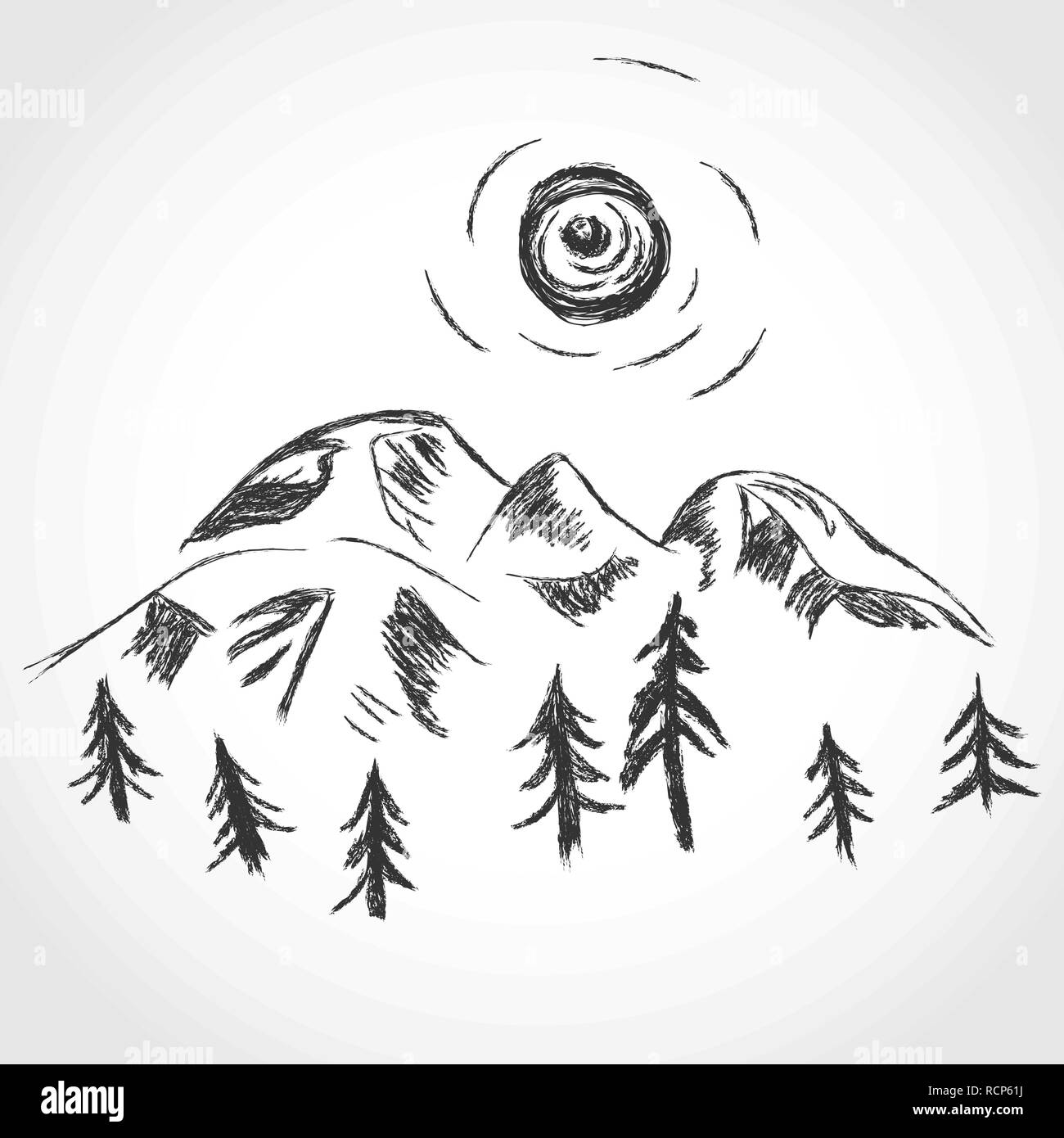 Astratta disegnata a mano le montagne in design piatto. Illustrazione Vettoriale. Grigio mountain range icona, isolati su sfondo bianco Illustrazione Vettoriale