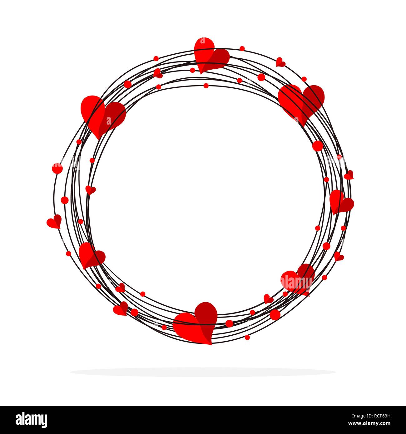 Disegnate a mano scribble forma circolare con cuori rossi. Illustrazione Vettoriale. Nero Cerchio grunge della Giornata della donna Illustrazione Vettoriale