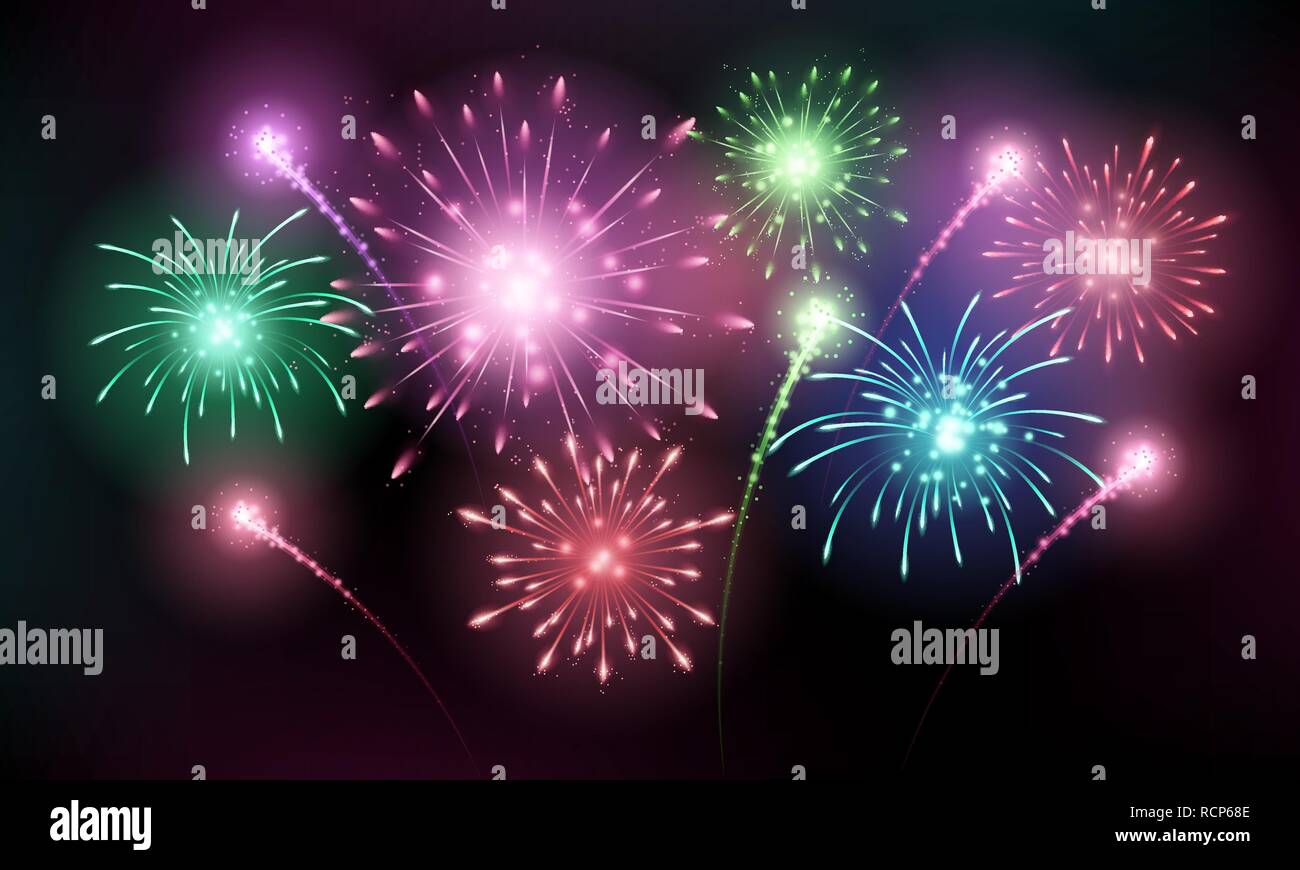 Luminose coloratissimi fuochi d'artificio brilla luminoso sul cielo nero Illustrazione Vettoriale