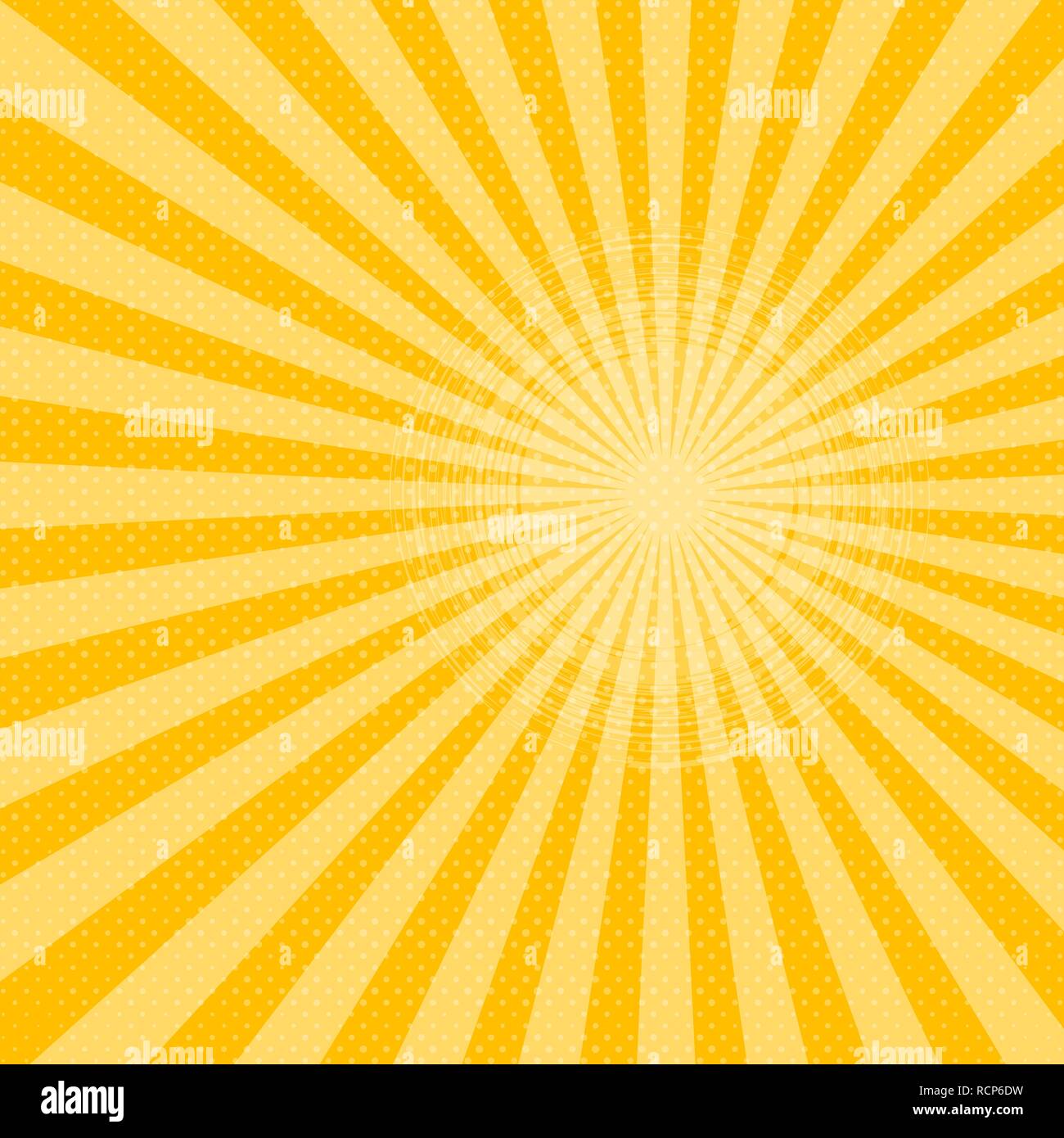 Sole brillante background con punti gialli. Abstract sfondo con i punti dei mezzitoni design. Illustrazione Vettoriale. Illustrazione Vettoriale