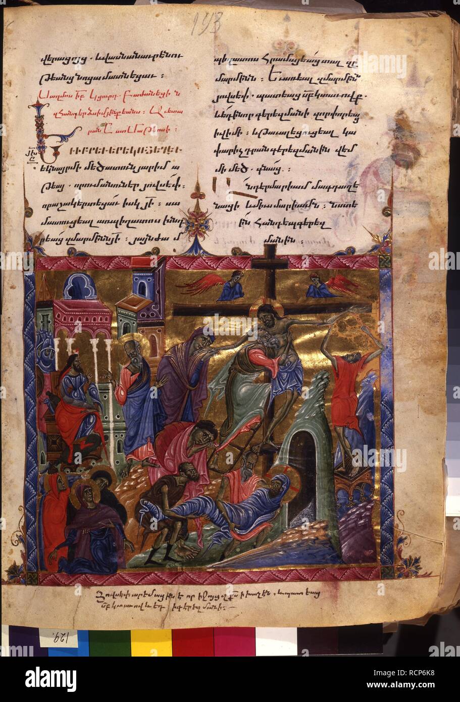 La Deposizione (manoscritto dal Vangelo Matenadaran). Museo: Mesrop Mashtots Istituto di manoscritti antichi (Matenadaran), Yerevan. Autore: Master del Codex Matenadaran. Foto Stock