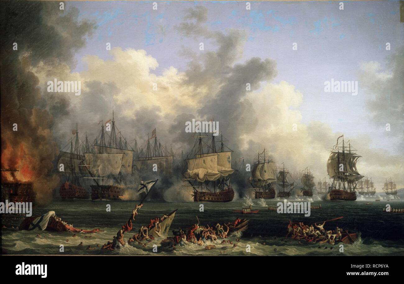 L'affondamento della corazzata russa St. Evstafius nella battaglia navale di Chesma. Museo: Stato open-air Museum Peterhof, San Pietroburgo. Autore: Hackert, Philipp Jacob. Foto Stock