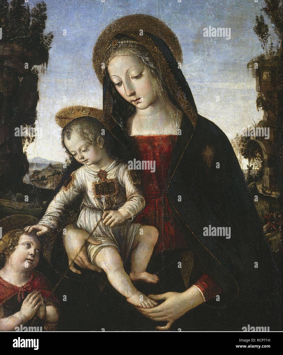 Vergine con Bambino e Giovanni Battista come un ragazzo. Museo: Muzeum Narodowe, Varsavia. Autore: Pinturicchio. Foto Stock