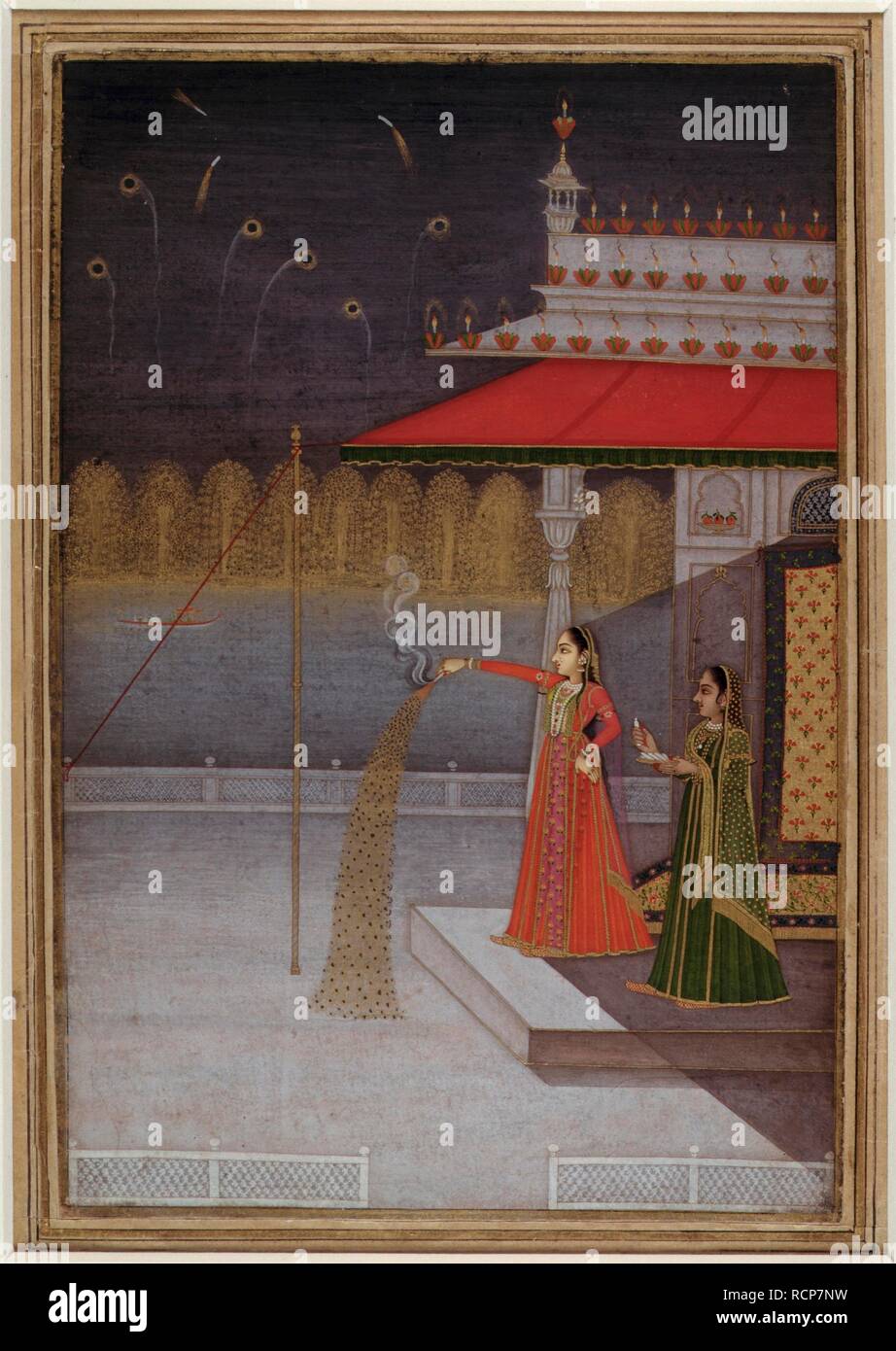 La notte del FUSC-barat. 1735-1740. Una signora Mughal è lasciare uno spettacolo di fuochi d'artificio nella notte del FUSC-barat, con la sua ragazza attendant in piedi accanto alla sua azienda un piatto con più fuochi d'artificio. Fusc-barat è tenuto alla vigilia del quattordicesimo giorno del mese di Shaban, sul quale veglia è osservata con preghiere, mangiando e luminarie. In questa notte la vita e la fortuna dei mortali per il prossimo anno sono registrati in cielo. Acquerello opaco. Originariamente pubblicato/prodotto in 1735-1740. . Fonte: J.20,2,. Autore: Govardhan. Foto Stock