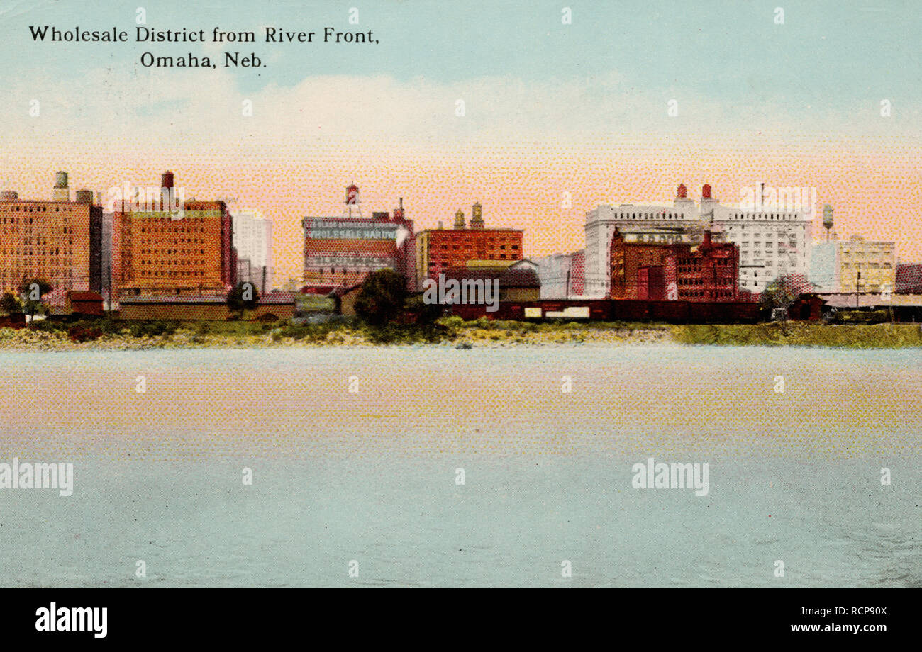 NB Omaha Nebraska, commercio all'ingrosso District, dal fronte fiume, vecchia cartolina. Foto Stock