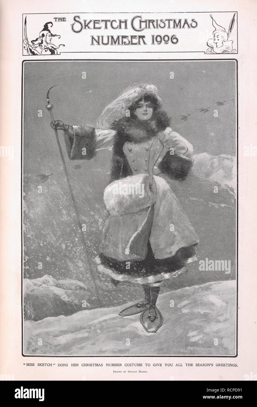 'Miss Sketch', indossa il suo numero di Natale per dare a tutti voi i migliori auguri di buone feste". Disegnata da Dudley Hardy. Il bozzetto. Londra, 1906. Fonte: lo schizzo, numero di Natale 1906, pagina 3. Foto Stock