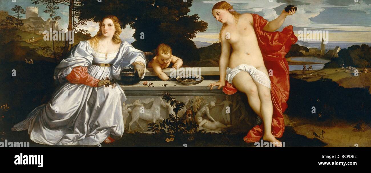 Sacro e Profano Amore. Museo: Galleria Borghese di Roma. Autore: Tiziano. Foto Stock