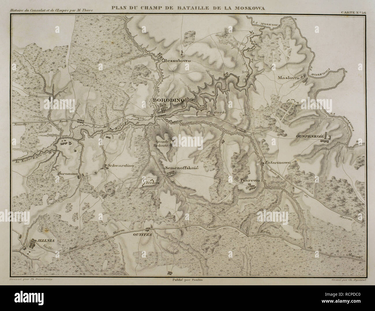 Mappa napoleonica. Battaglia di Borodinò, 7 settembre 1812, durante l'invasione francese della Russia. Campo di battaglia. Guerre napoleoniche. Scontro tra francesi e truppe russe. Francese vittoria tattica. Atlas de l'Histoire du Consulat et de l'impero. La storia del consolato e l Impero di Francia sotto Napoleone da Marie Joseph Louis Adolphe Thiers (1797-1877). Disegni di Dufour, incisioni da Dyonnet. Edito in Parigi, 1864. Foto Stock