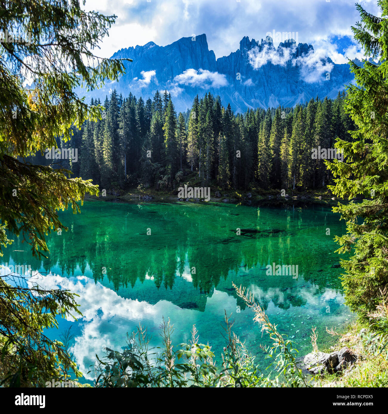 Il lago di Carezza (lago di carezza), Dolomiti, Italia, Europa Foto Stock