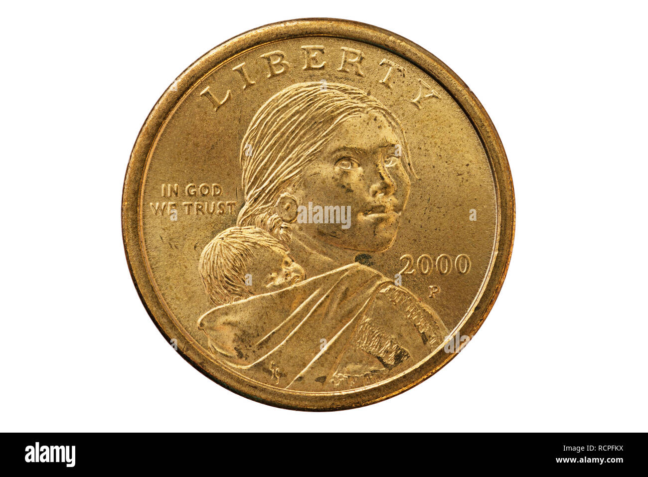 Sacagawea un dollaro US coin isolato su bianco Foto Stock