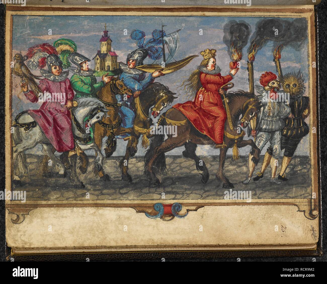 Un acquerello di viaggiare per i giocatori (possibilmente in inglese) . ALBUM di Franz Hartmann, di Francoforte sull'Oder, contenente iscrizioni autografi di molte persone nobili, professori ed altri, colorato con stemmi e dipinti, datato a Francoforte sull'Oder, Strasburgo, Marburg, Parigi, Londra e in altri luoghi, negli anni 1597-1617. 1597-1617. Fonte: Egerton 1222, f.25. Foto Stock