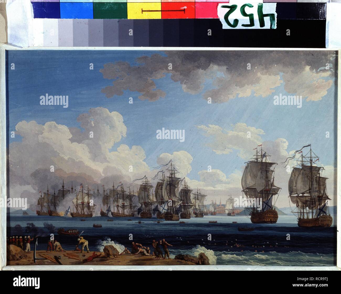 La battaglia navale di Chesma il 5 luglio 1770. Museo: Centrale di Stato Museo della Marina di San Pietroburgo. Autore: Hackert, Philipp Jacob. Foto Stock