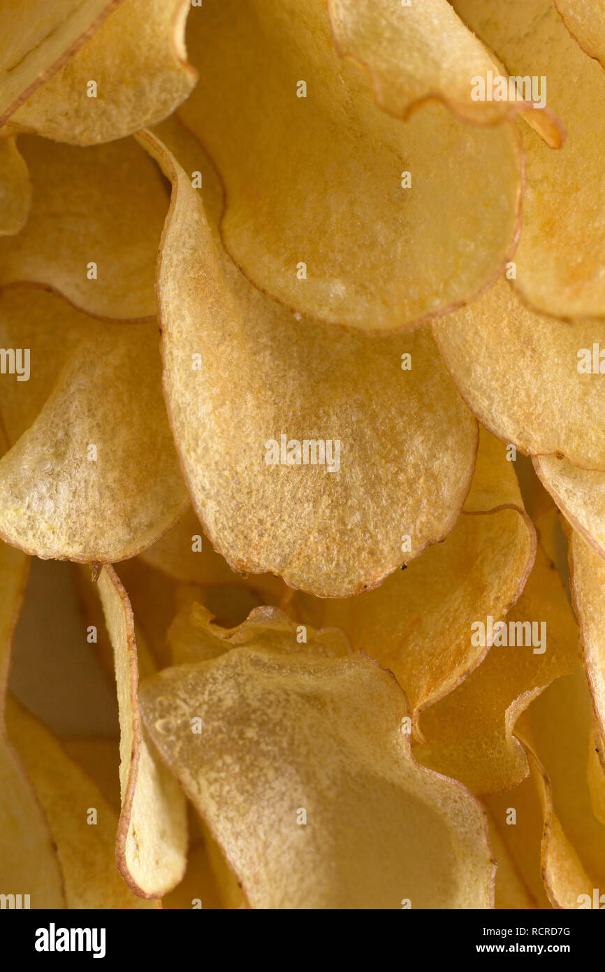 Bella dorata e croccante di freschi fatti in casa di patate fritte chip, un gustoso sullo sfondo di un delizioso Foto Stock