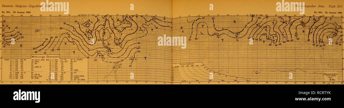 . Deutsche Südpolar-Expedition, 1901-1903, im Auftrage des Reichsamtes des Innern. Gauss (nave); spedizioni scientifiche. Deutsche Südpolar-Expedition 1901-3 Meteorologischer Atlas. Tafel oOl Nr. 901. 38. Janaar 1904 Witterungs-Ubersicht.j; Hoch 1) o '63' JÖC-W. 60-66' 8. (NO) Tiel I) C) ?iO l'""" W. 40° 8. (WSW) 2)0 766 J4S' 40' {Sm 2) r. r" 115-105° fiö-ÖO° 3) C 770 92° a7° (8) S) r^ 74A 78° ßO° 4) o 760 85° .W 4) o 755 75' 45' 5)-^ 765 60° 35° (080,8) 8) c) 760 40^ .W 6) &lt;^ 7C0 57° 50° 6) C 740 36' 60" 7) ^ 766 10" - - '" 8) 3 76" 10' O. 40° 8) /^ 7i6 35° 0. 40-46 Foto Stock