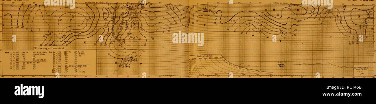 . Deutsche SÃ¼dpolar-Spedizione, 1901-1903, im Auftrage des Reichsamtes des Innern. Gauss (nave); spedizioni scientifiche. Deutsche SÃ¼dpolar-Expedition 1901â3 no. 801. 7. Juni 1WÂ" Meteorologischer Atlas. Taftl 101 no. Ml. 7. Juni X'MTI 11 r, 770 ISf W. Â"-S.CK.KW) TlÂ"l 1) 7J0 Mi Â". W 3. INI 2 o 770 1Â"P 55-GO* (HO) Â" 7M1.v g (WSW, :â ¢. r, 770 Â"r sr - â¢Â"-'!'&gt; 4)3 700 70- 04' ' -W Â£ 5i â ¢ Â" 770 .v 80--ay(w,8) S) n 760 xr Jo- â'.Â"Â"-â â $!^| J^ Â£   uÃl 105- .15' ;' 15-20-O.OO-INW, KOI 111 TM (Â"7 00-50Â° (N). No. 802. 8. Juni JfSk IMS, Nr. 802. S. Juni lÂ"0Ã¤. Si prega di notare che th Foto Stock