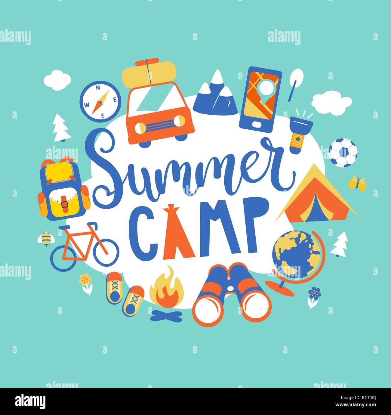 Summer Camp concetto con handdrawn scritte, campeggio e viaggiare in vacanza con diverse apparecchiature quali tenda, zaino e altri. Poster in stile appartamento, illustrazione vettoriale. Illustrazione Vettoriale
