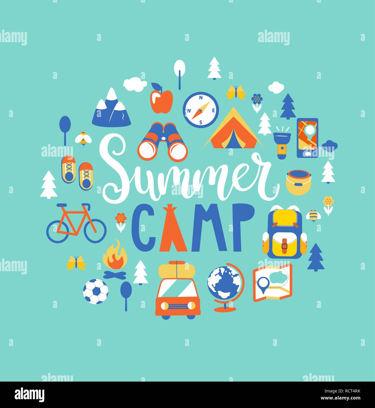 Summer Camp concetto con handdrawn scritte, campeggio e viaggiare in vacanza con un sacco di attrezzature per il campeggio quali tende, zaino e altri. Poster in stile appartamento, illustrazione vettoriale. Illustrazione Vettoriale