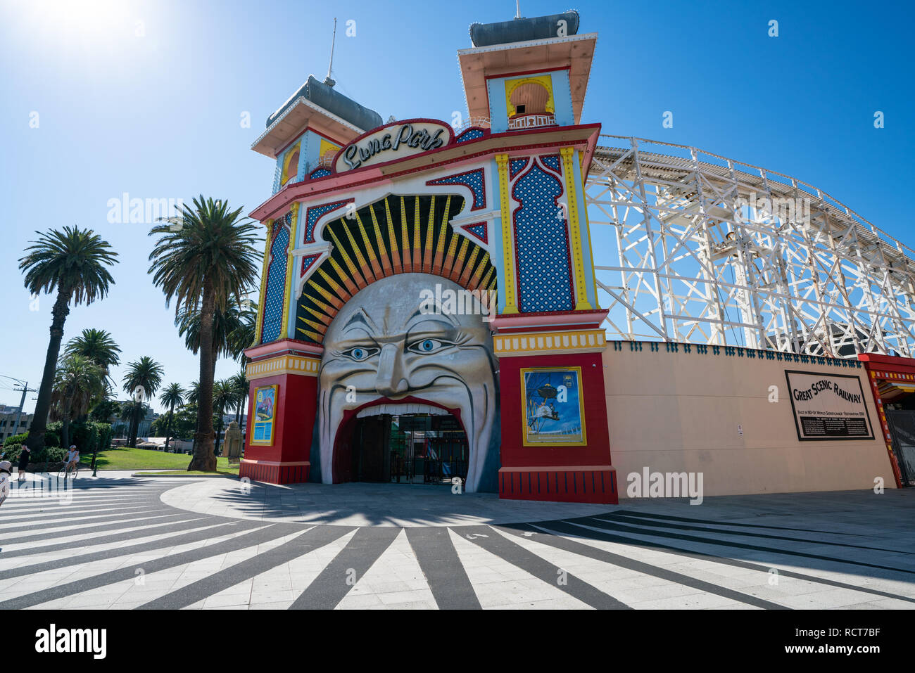 4 gennaio 2019, Melbourne Australia : 1912 Signor il volto della Luna entrata del Luna Park di uno storico parco divertimenti in St Kilda Melbourne Victoria Australia Foto Stock