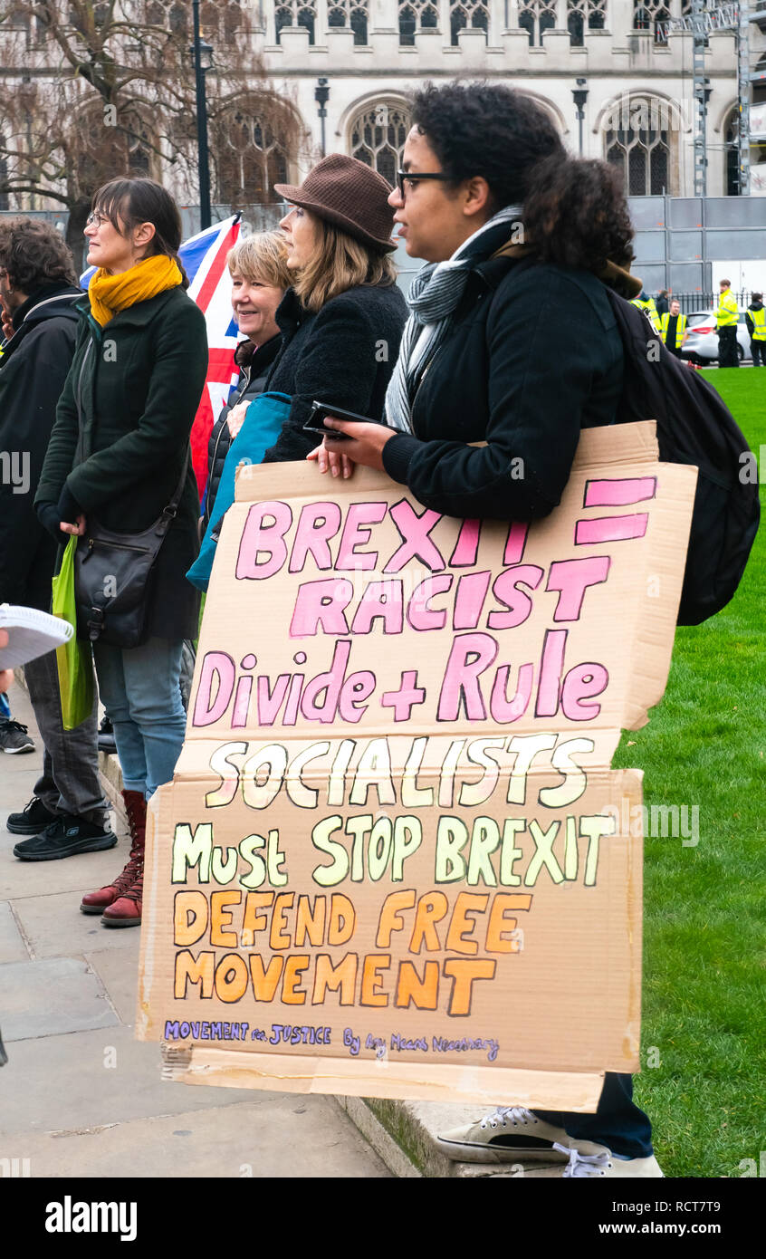 I manifestanti si riuniscono al di fuori del parlamento prima del voto significativo, Londra, Regno Unito. Gennaio 15th 2019 Foto Stock