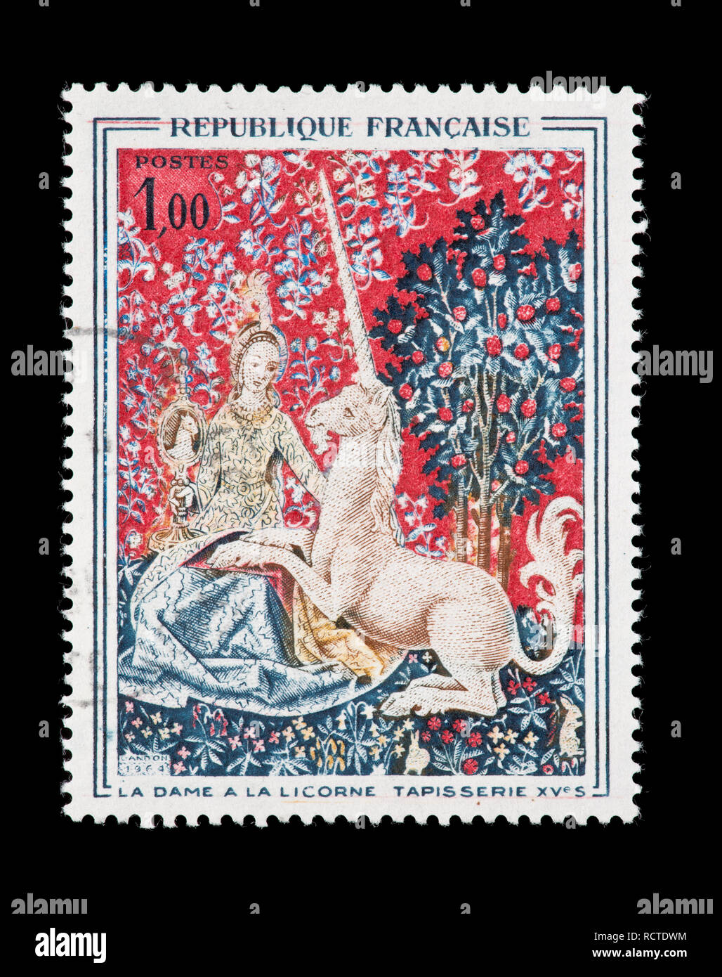 Francobollo da Francia raffigurante teh xv secolo arazzo la Dama con unicorno (Signora può essere Claude Le Viste) Foto Stock