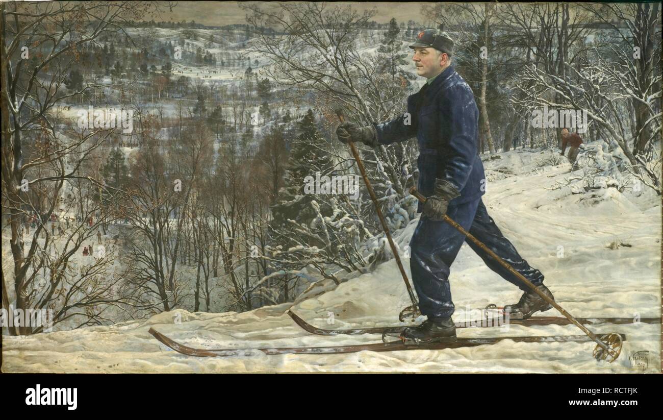 Kliment Voroshilov è a sciare. Museo: Membro centrale Museo Militare di Mosca. Autore: Brodsky, Isaak Izrailevich. Foto Stock