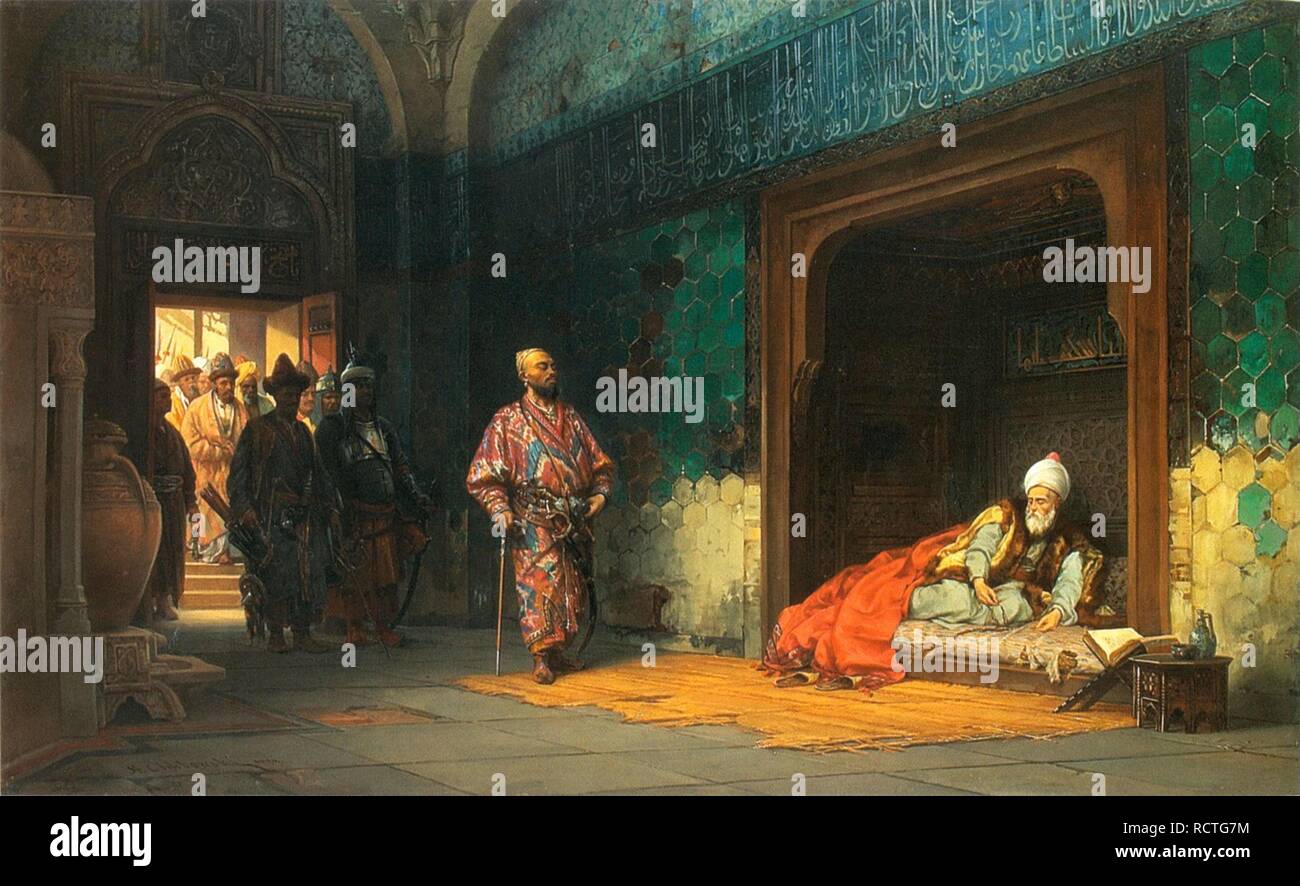 Bayezid I prisoned da Timur. Museo: Galleria d'arte di Stato, Lviv. Autore: Khlebovsky, Stanislav. Foto Stock