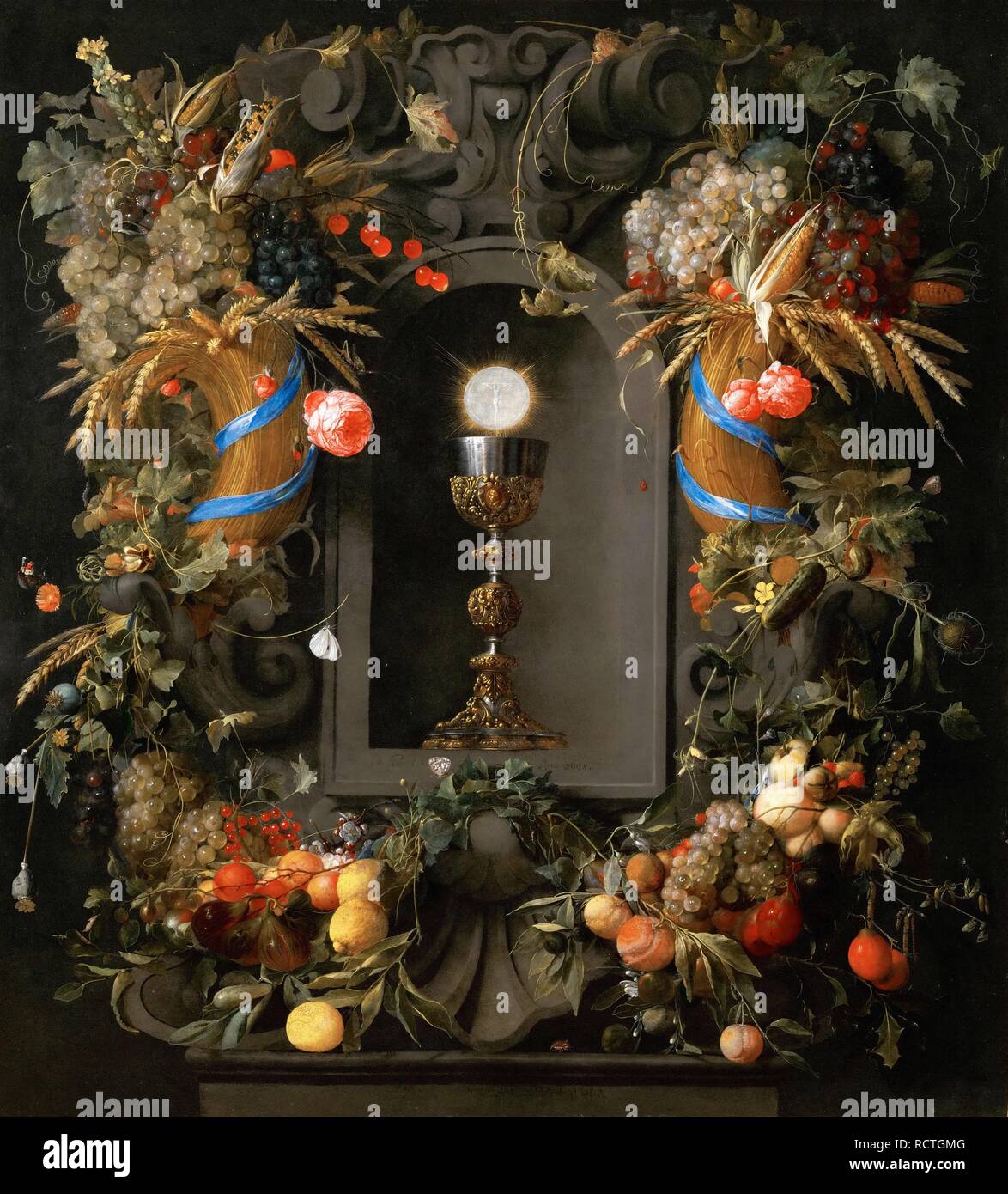 Eucaristia nella corona di frutta. Museo: Museo di Storia dell'arte, Vienne. Autore: HEEM, JAN DAVIDSZ DE. Foto Stock