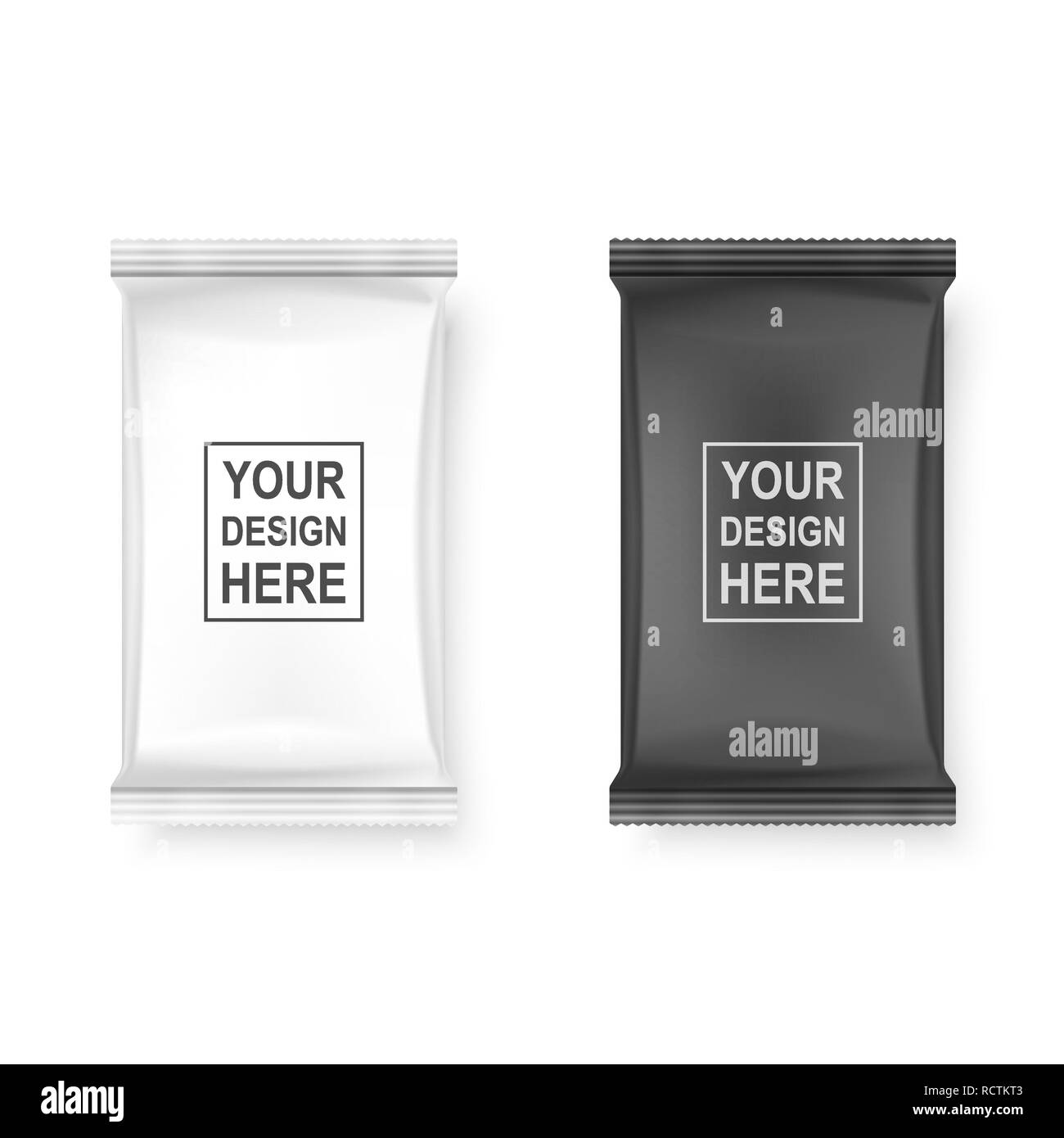 Vector realistiche in 3D in bianco e nero salviettine umidificate Confezione Icon Set Closeup isolati su sfondo bianco. Modello di progetto di tovaglioli, cosmetici, alimentari, di un prodotto o di un altro tipo di imballaggio per mockup. Vista superiore Illustrazione Vettoriale