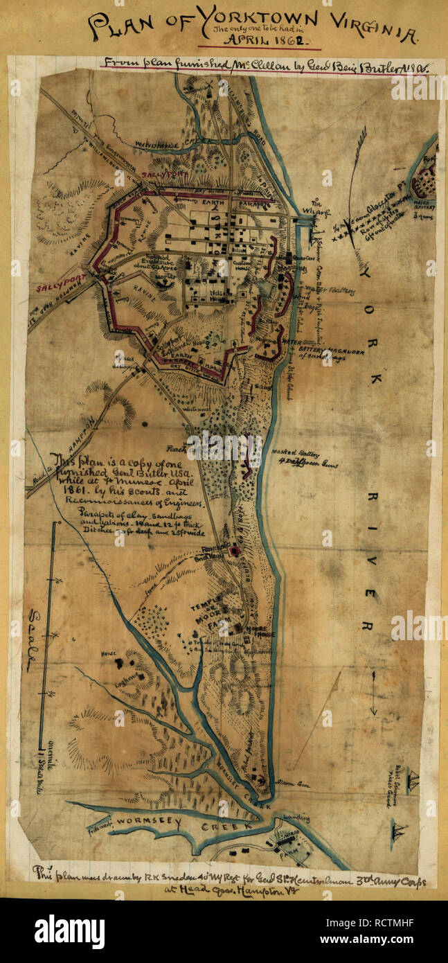 Piano di Yorktown, Virginia ... Aprile, 1862. Mostra la zona del fiume York costa da mulino a vento Creek a Wormsley Creek con particolare attenzione alla landforms e difese intorno a Yorktown e il layout di strade ed edifici entro la stessa città. La guerra civile americana Foto Stock