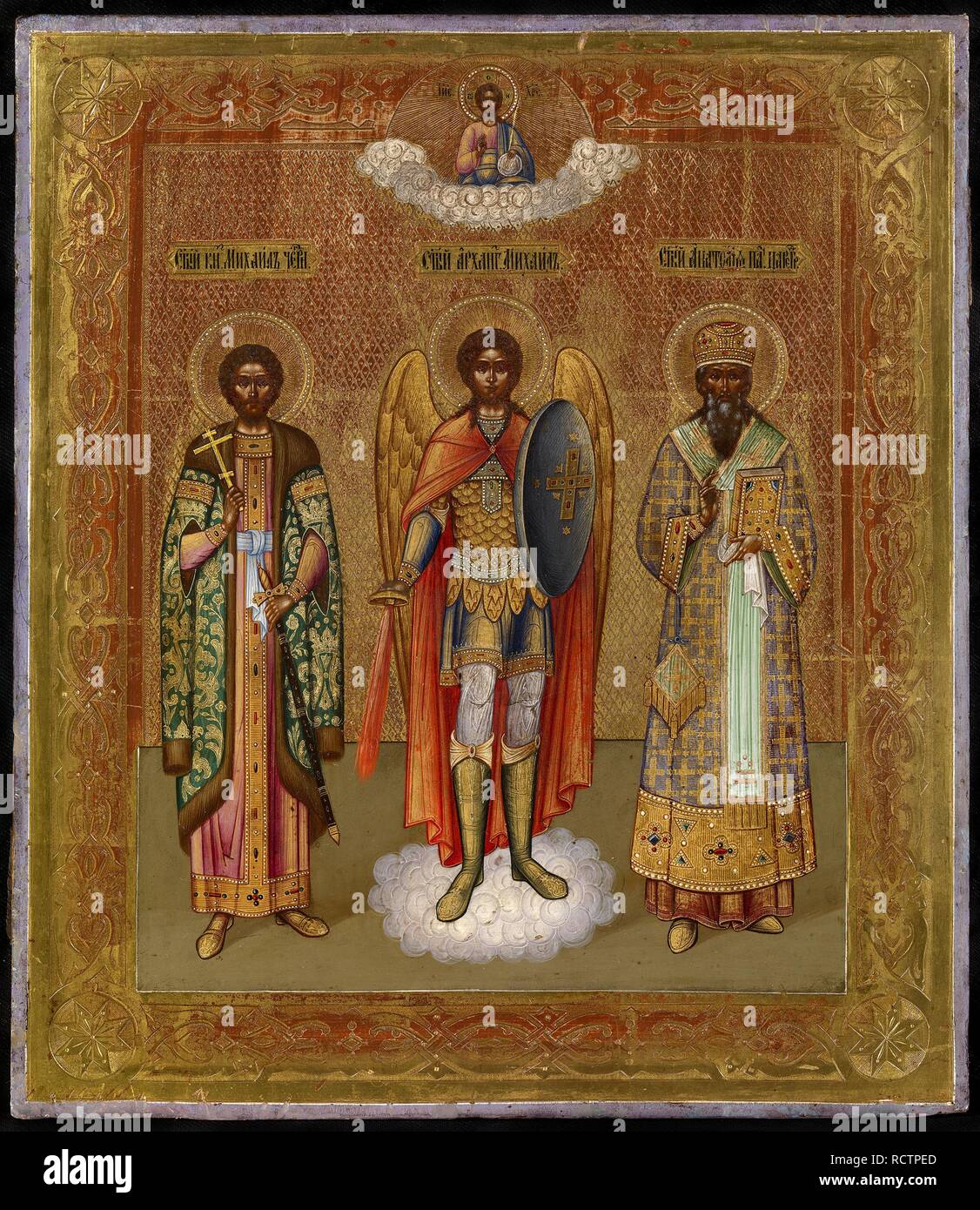 Tre Santi selezionati: Prince Michael di Chernigov, Michele Arcangelo e Anatolius di Costantinopoli. Museo: Collezione privata. Autore: icona russa. Foto Stock