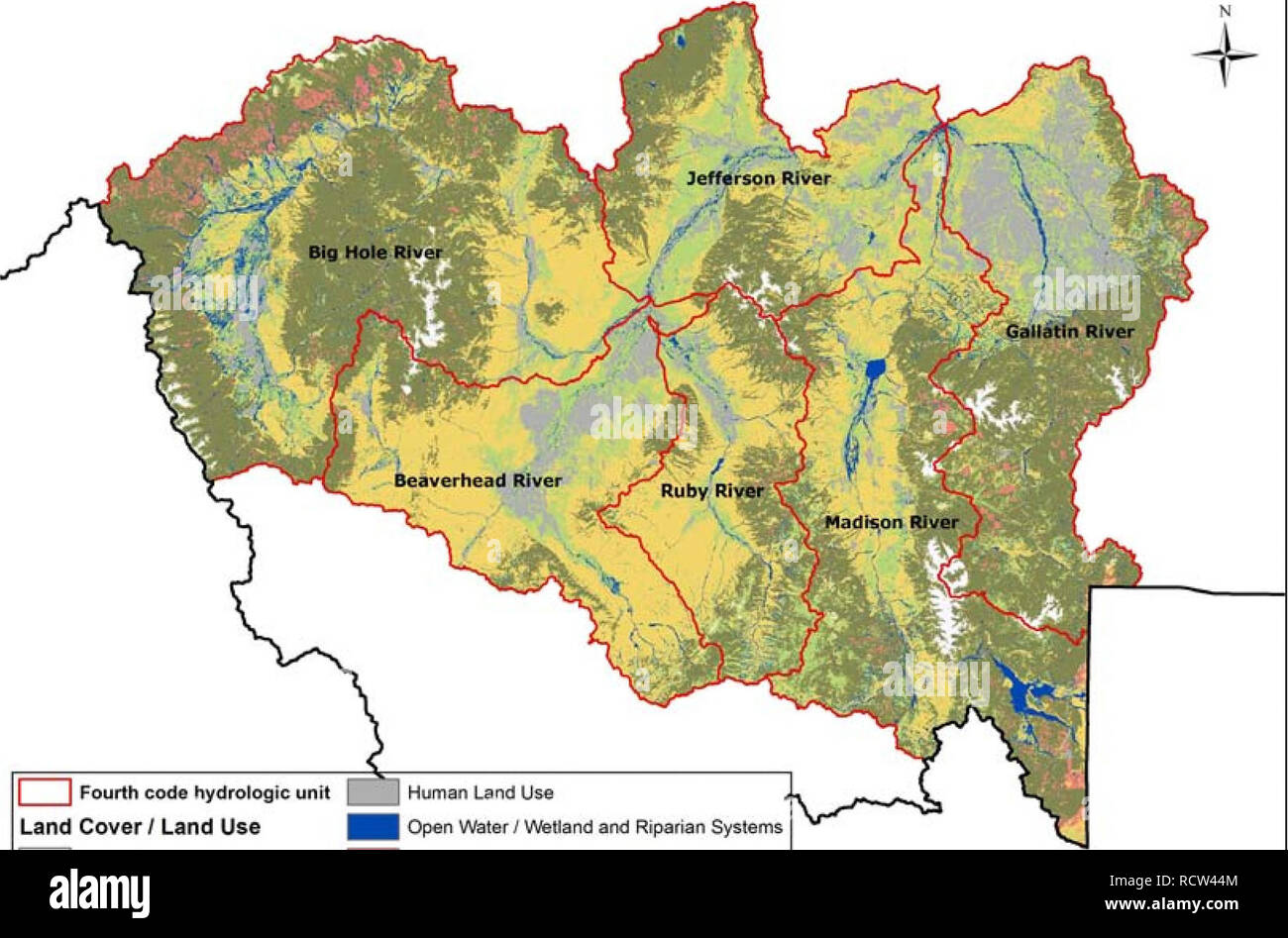 . A sud-ovest Montana valutazione delle paludi : sviluppo di un statewide la valutazione e la strategia di monitoraggio per il Montana. Le zone umide; Wetland ecologia; gestione delle zone umide.  J quarto codice unità di hydrologic |   J Terra umana utilizzare Land Cover / Uso della terra | Aprire l'acqua- Wei terreni e sistemi ripariali | Alpine Systems ^] Recentemente disturbati o modificati | Foreste e boschi Systems ^ ^] di macchia, steppa e savana Systems | Sistemi di pascolo  ] sparse e sistemi sterili 12,5 ?h &amp;J nella figura 6. Ampia copertura del suolo terrestre e utilizzare classi di sud-ovest Montana bacino-valutazione ampia area di progetto (MTNHP 2012).. Si prega di notare Foto Stock