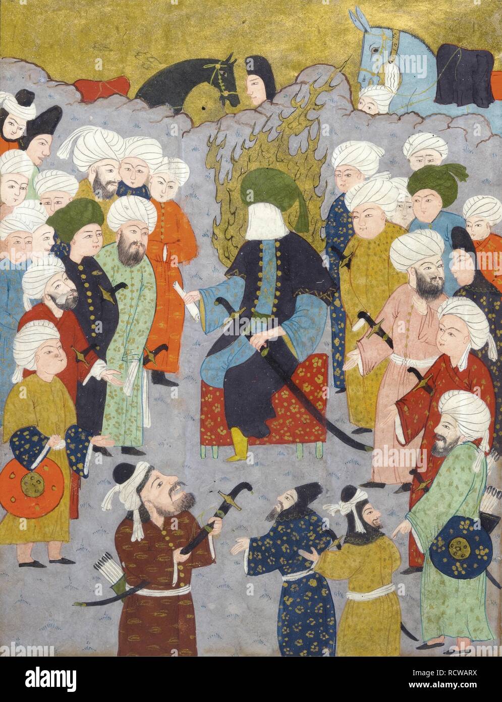 Imam Ali (Ali ibn Abi Talib) e il suo consiglio. Miniatura di "Il giardino dei piaceri " da Fazuli. Museo: Collezione privata. Autore: anonimo. Foto Stock