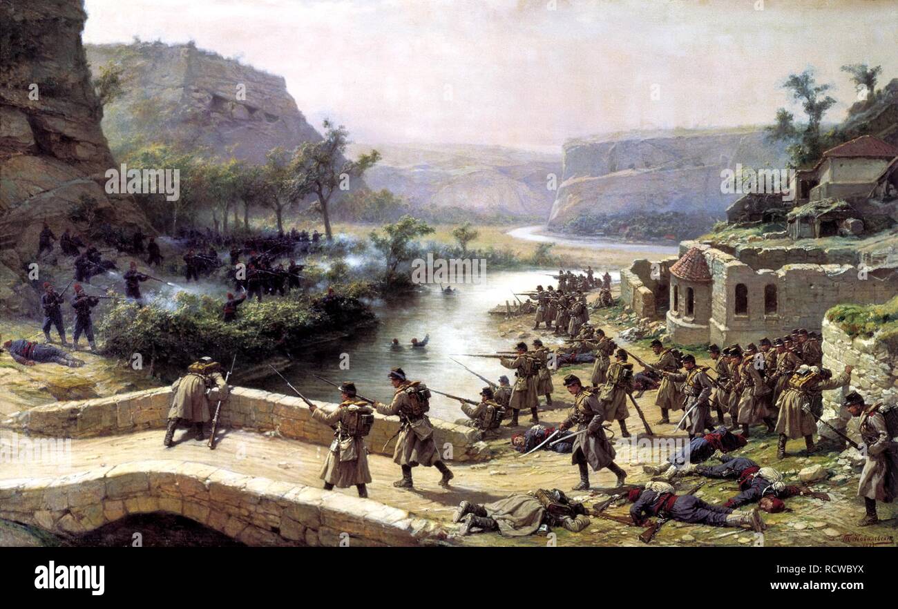 Combattimenti nei pressi di Ivanovo-Chiflik il 2 ottobre 1877. Museo: Membro centrale Museo di Artiglieria, San Pietroburgo. Autore: Kovalevsky, Pavel Osipovich. Foto Stock