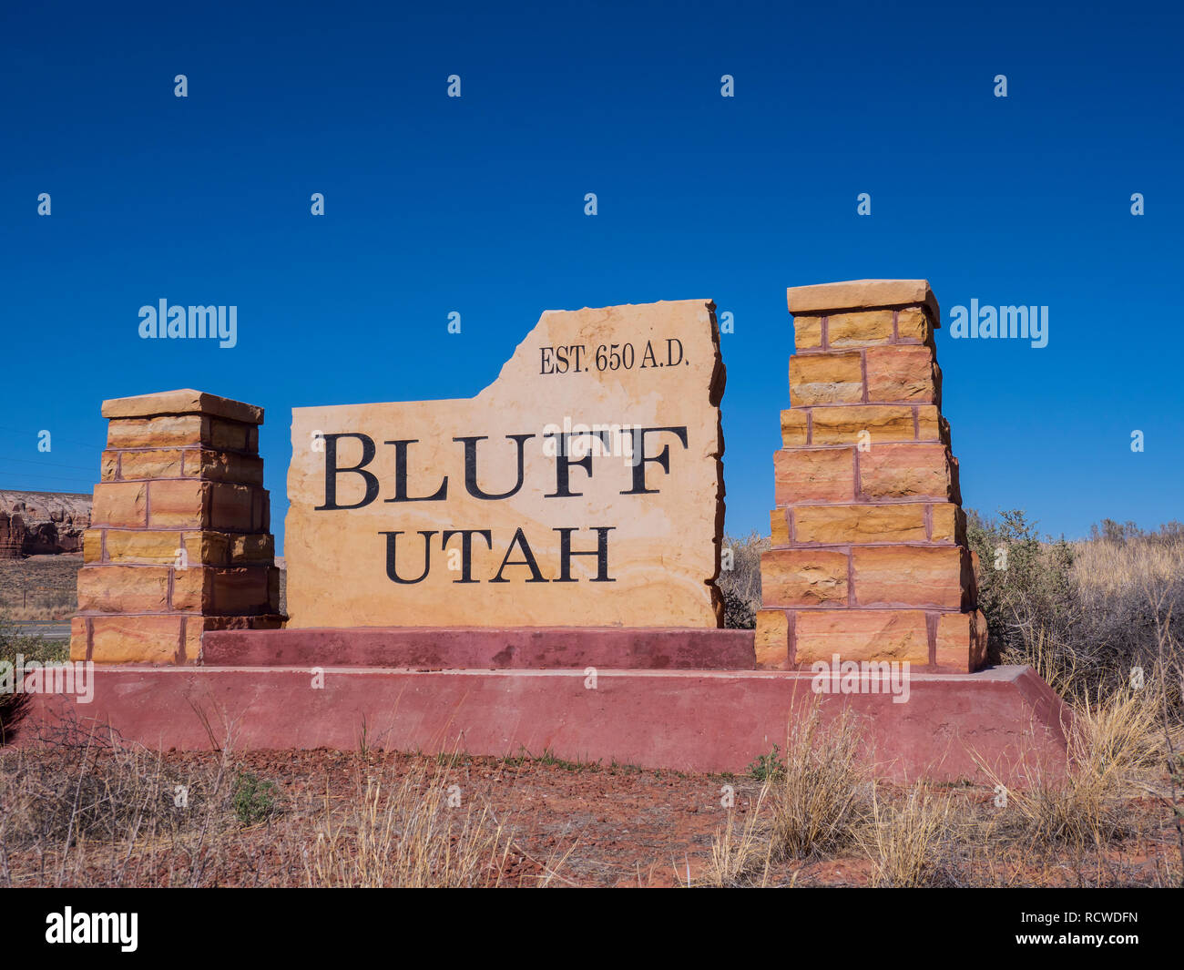 Bluff segno di entrata negli Stati Uniti. 191 a ovest della città, Bluff, Utah. Foto Stock