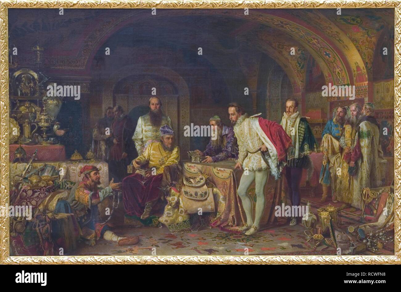 Ivan IV di Russia dimostra il suo tesoro di ambasciatore della regina Elisabetta I d'Inghilterra. Museo: State Russian Museum di San Pietroburgo. Autore: Litovchenko, Alexander Dmitrievic. Foto Stock