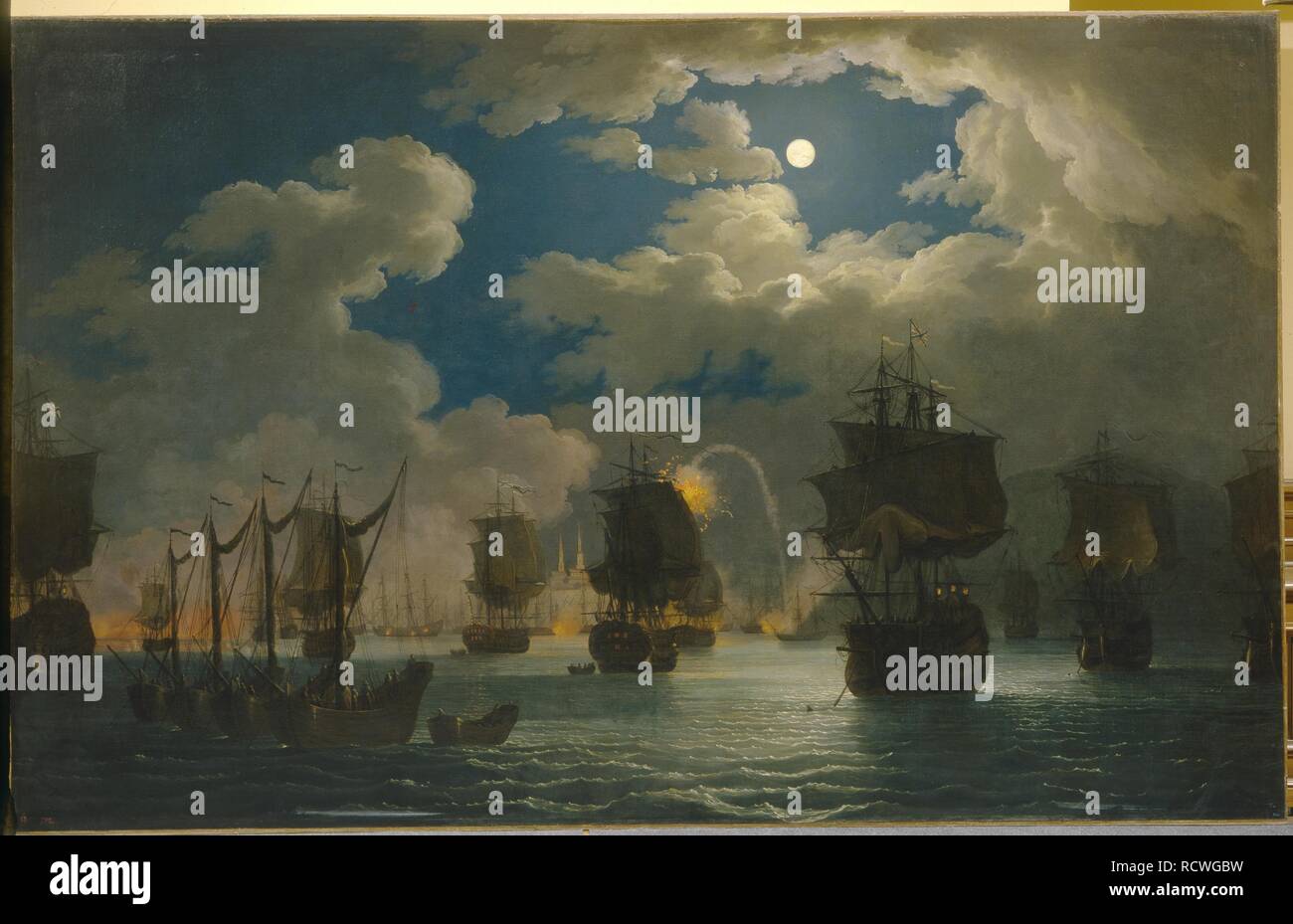 La battaglia navale di Chesma nella notte 26 luglio 1770. Museo: Stato open-air Museum Peterhof, San Pietroburgo. Autore: Hackert, Philipp Jacob. Foto Stock