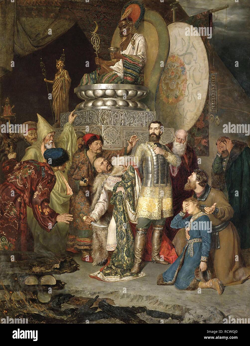 Il principe Michael di Chernigov al camp di Batu Khan. Museo: Membro Galleria Tretyakov di Mosca. Autore: Smirnov, Vassili Sergeevich. Foto Stock