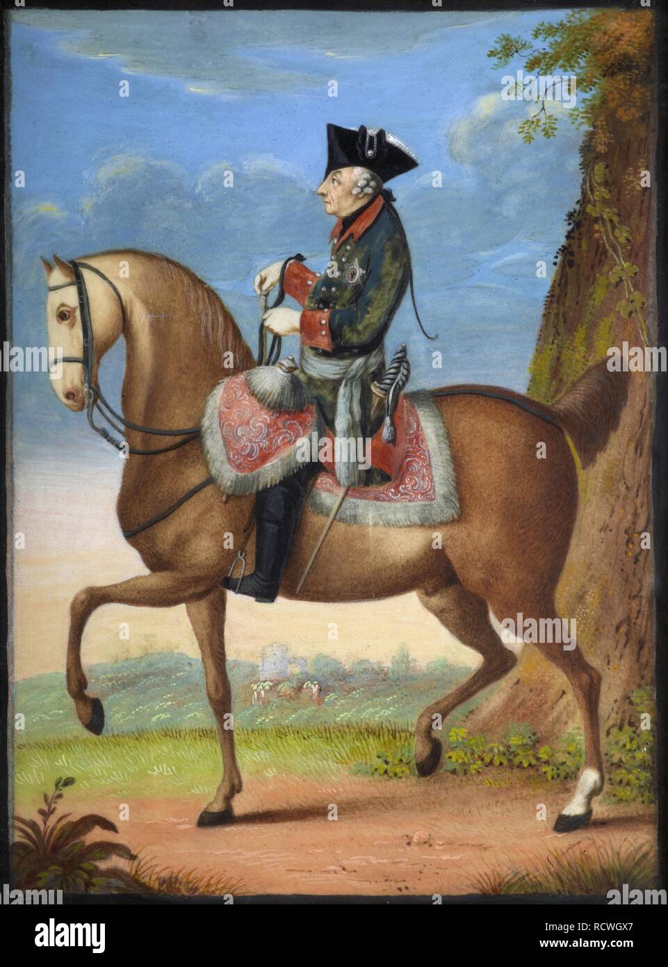 Ritratto di Federico II di Prussia (1712-1786) a cavallo. Museo: Stiftung Preußische Schlösser und Gärten Berlino-Brandeburgo. Autore: Chodowiecki, Daniel Nikolaus. Foto Stock