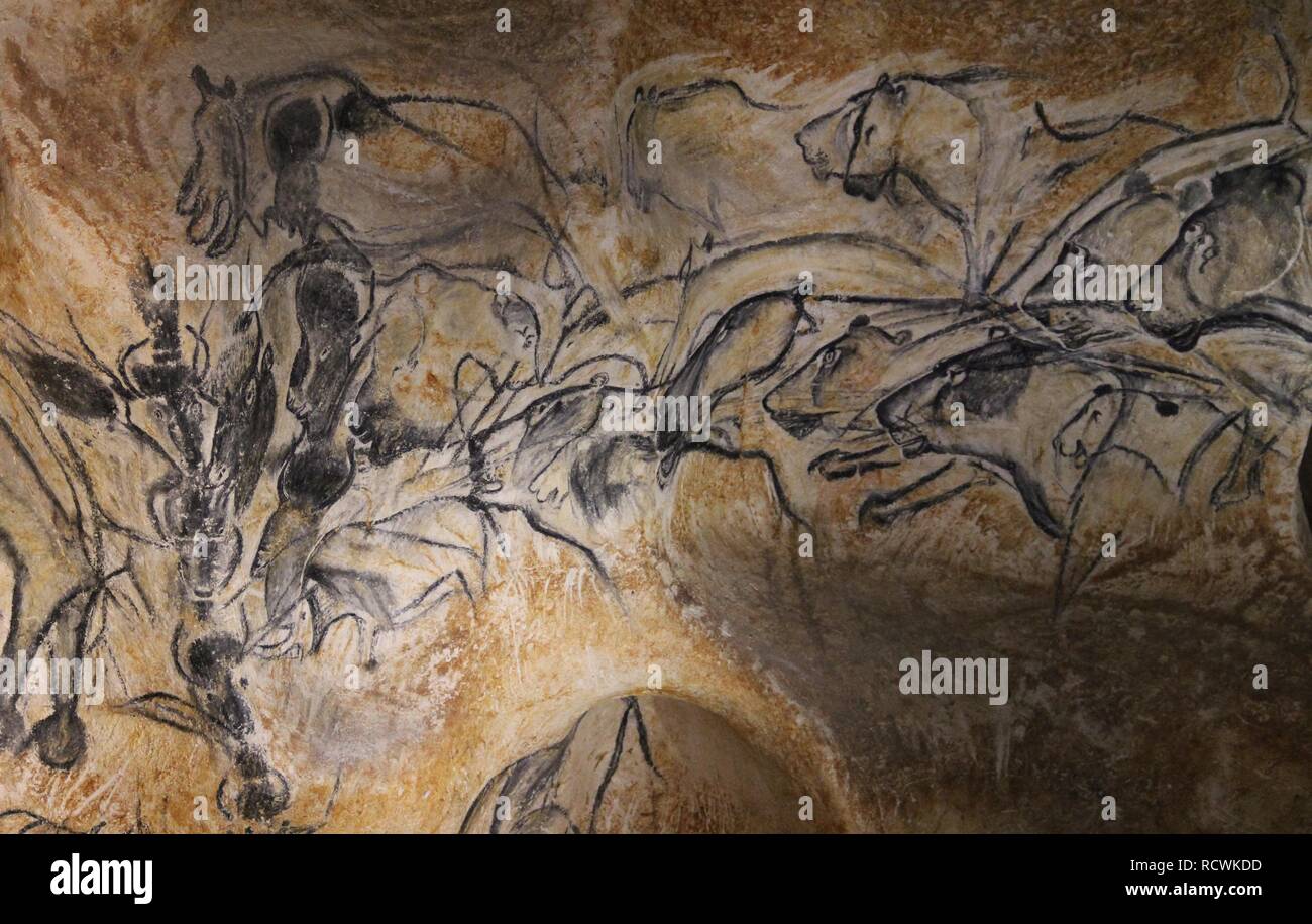 Pittura nella grotta Chauvet. Museo: Grotte Chauvet. Autore: arte del Paleolitico superiore. Foto Stock