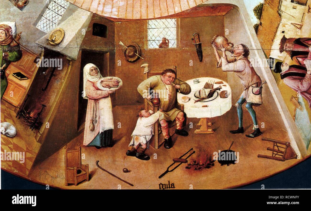 I sette peccati capitali e le quattro cose ultime. Dettaglio: golosità. Museo : Museo del Prado di Madrid. Autore: Bosch Hieronymus. Foto Stock