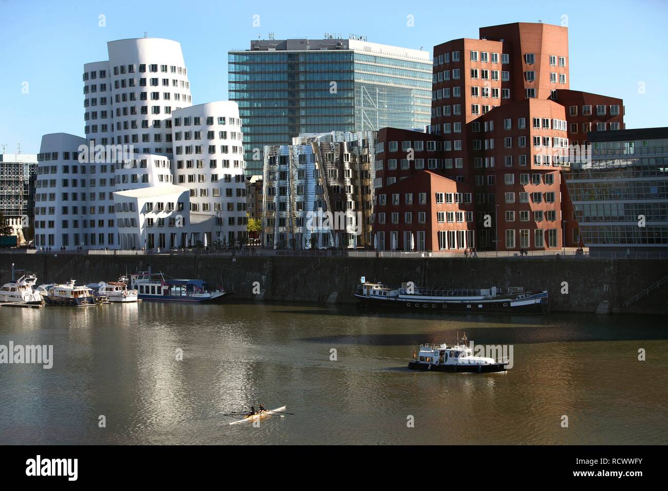 Neuer Zollhof o edifici di Gehry dall architetto Frank O. Gehry nel Medienhafen media port, Duesseldorf, Renania Foto Stock