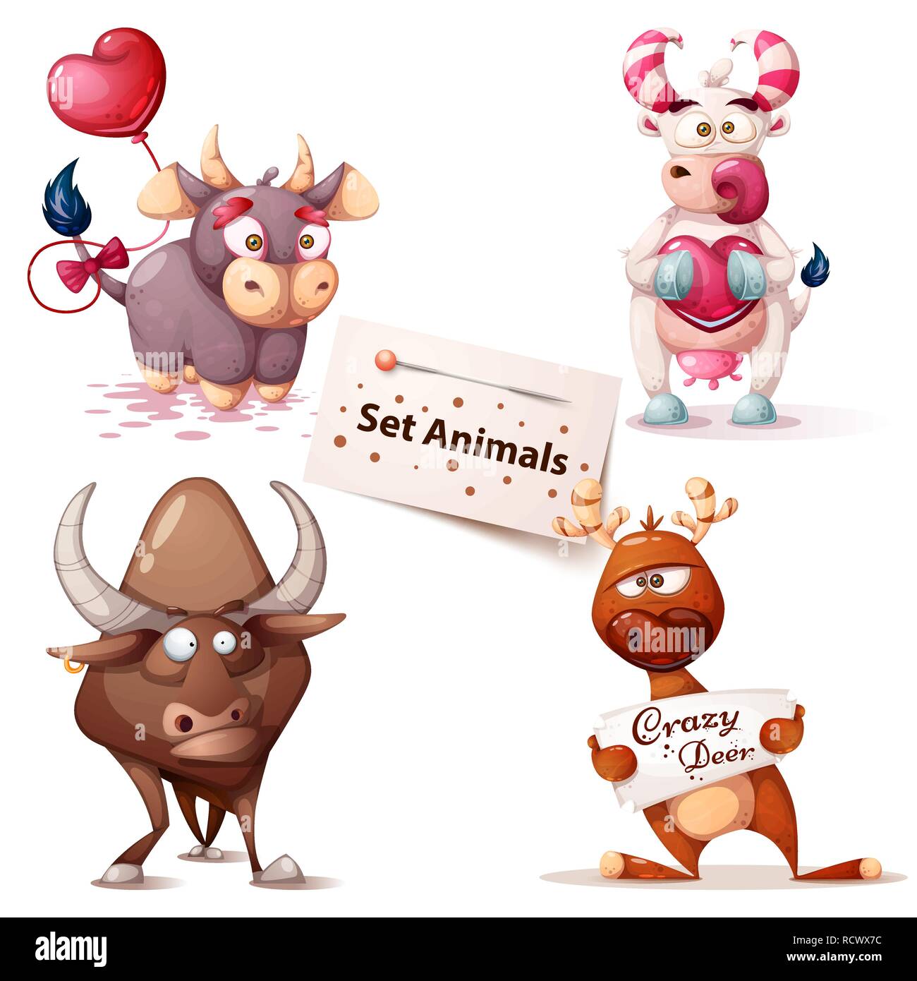 Vacca, Bull, cervi - personaggi deliziosi. Illustrazione Vettoriale