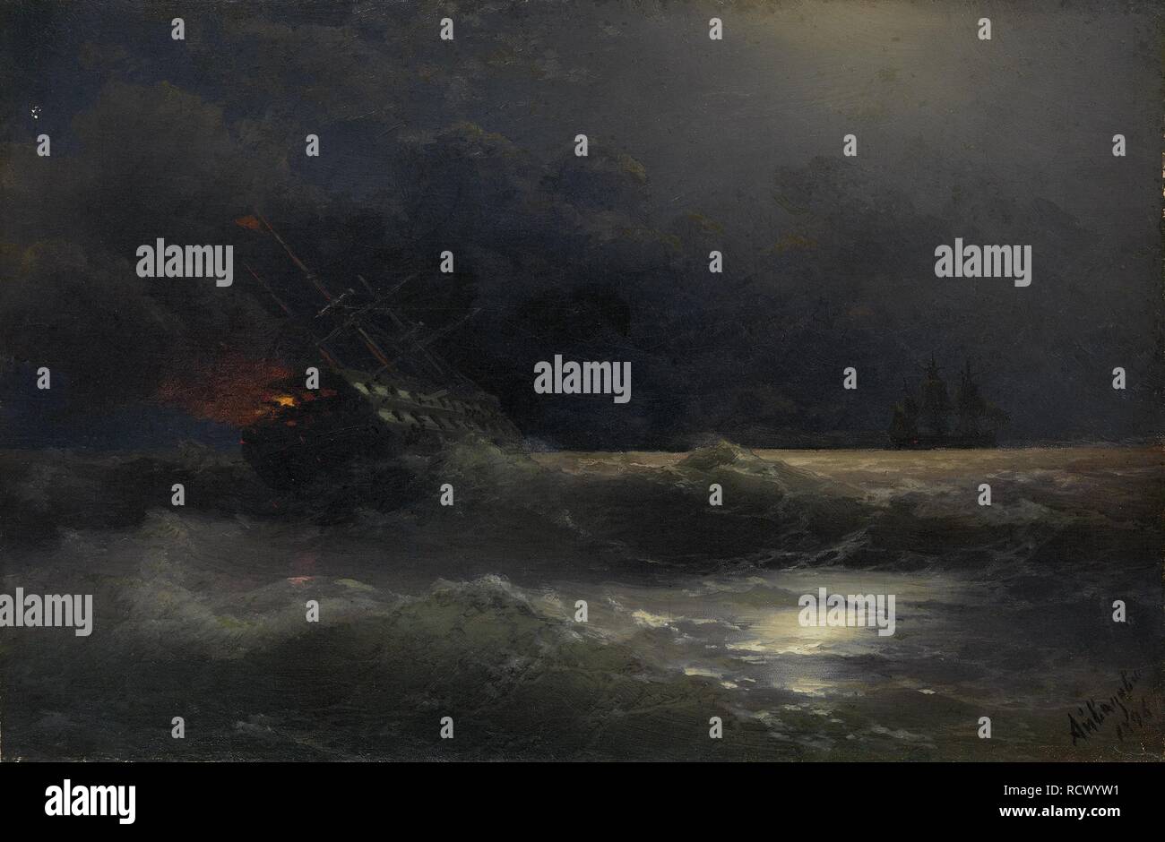Ardente nave (un episodio della Guerra Russian-Turkish). Museo: Collezione privata. Autore: AIVAZOVSKY Ivan Konstantinovich. Foto Stock
