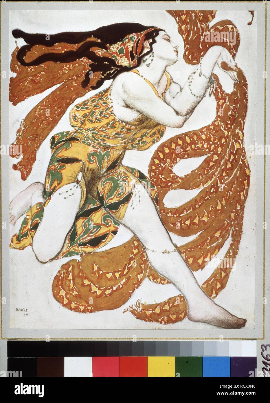 Bacchante. Disegno di costumi per il balletto Narcisse da N. Tcherepnin. Museo: Collezione privata. Autore: Bakst, Leon. Foto Stock