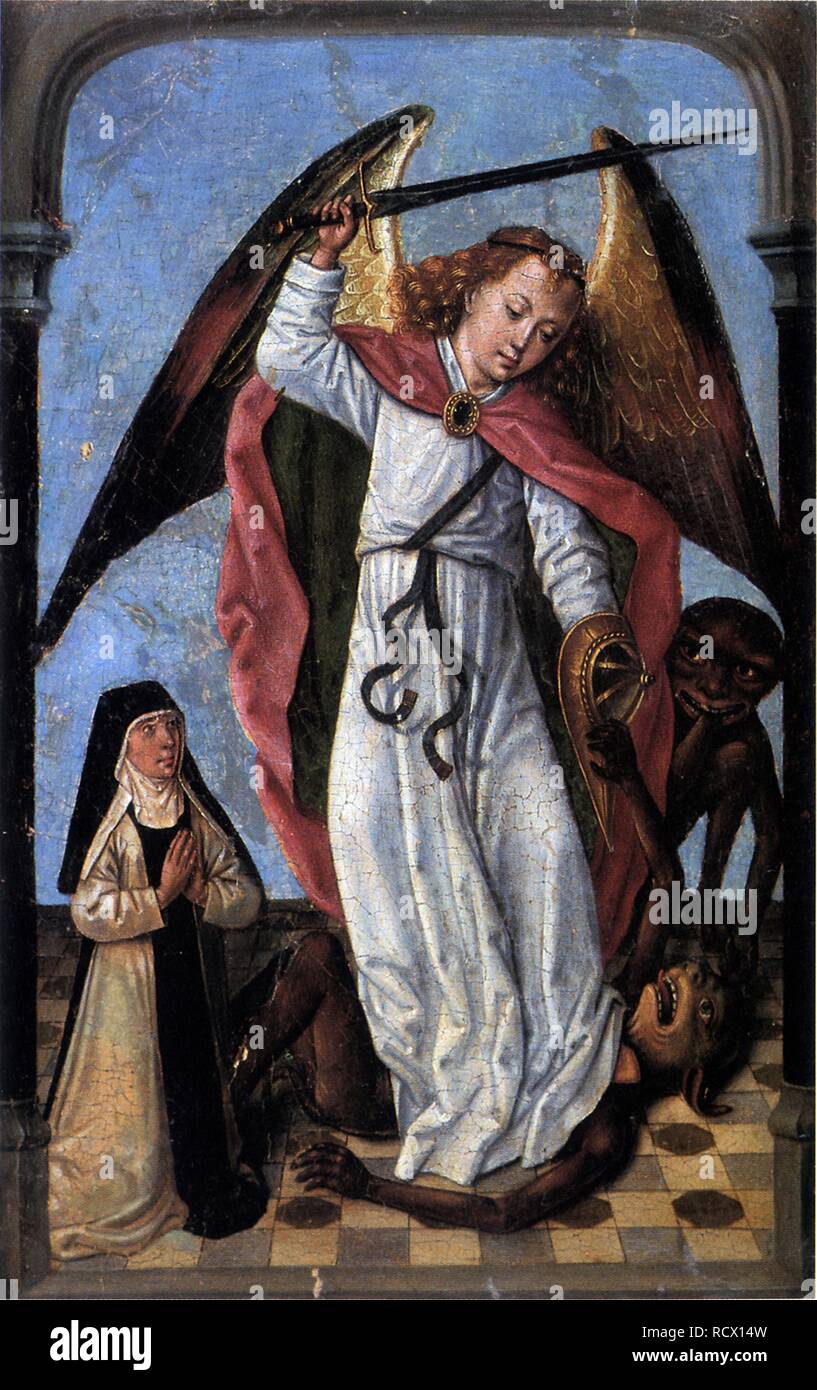 L'arcangelo Michele combattendo i demoni. Museo: Onze-Lieve-Vrouw ter Potterie, Brugge. Autore: Maestro della leggenda di Sant'Orsola. Foto Stock