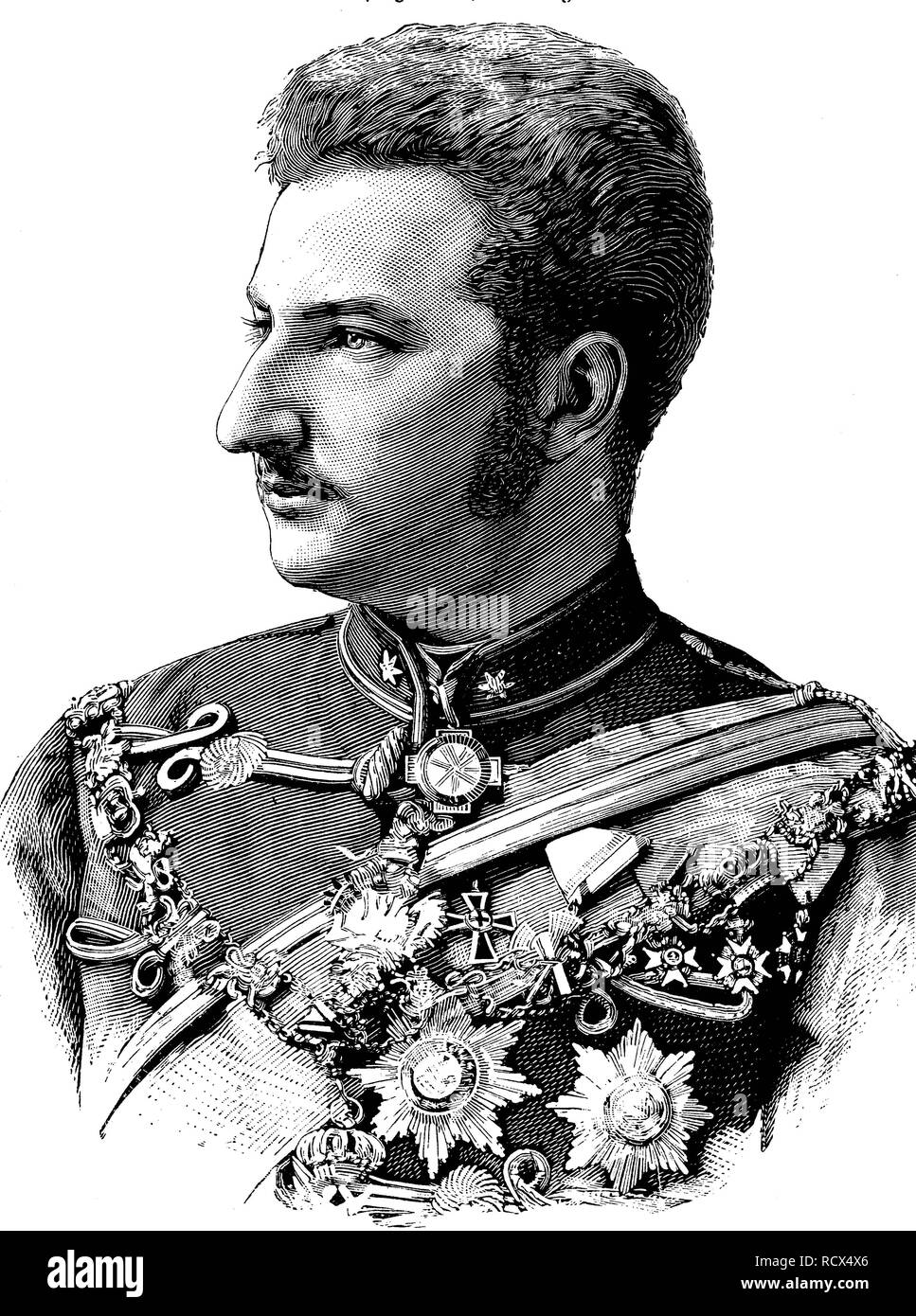 Ferdinando I, 1861-1948, Principe e re di Bulgaria, di Sassonia Coburgo - Gotha-Koháry dinastia, casa di Wettin, xilografia Foto Stock