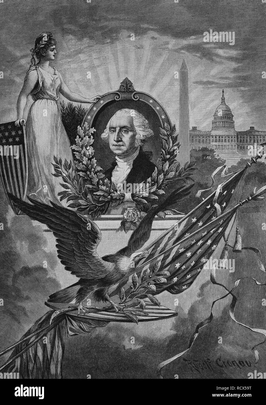 Immagine della memoria per George Washington, xilografia, storica incisione, 1882 Foto Stock